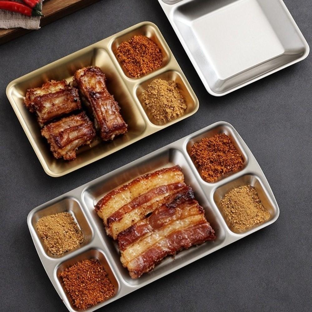 Stainless Steel Divided Dinner Tray Thickened Snack Tray Creative BBQ Seasoning Dip Plate Camping