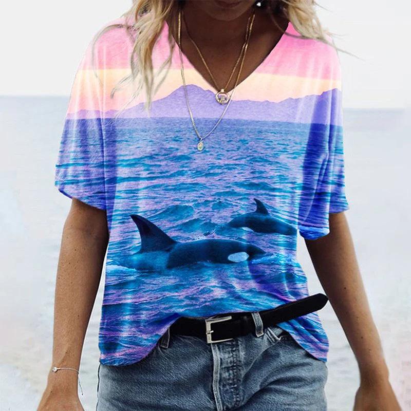 Женская футболка с V-образным вырезом и 3D-принтом в виде дельфина. Модная футболка с короткими рукавами и принтом.