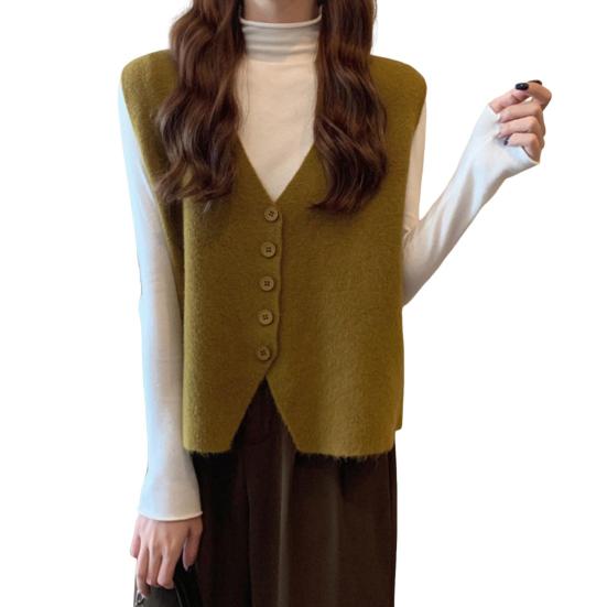 Осень-зима Женский жилет с V-образным вырезом на пуговицах Однотонный свободный трикотажный толстый сохраняющий тепло свободный свитер без рукавов