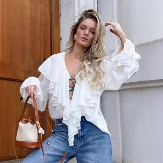 Ruffle edge chiffon top women's 1116 autumn fashion court style loose white V-neck French shirt medium and long