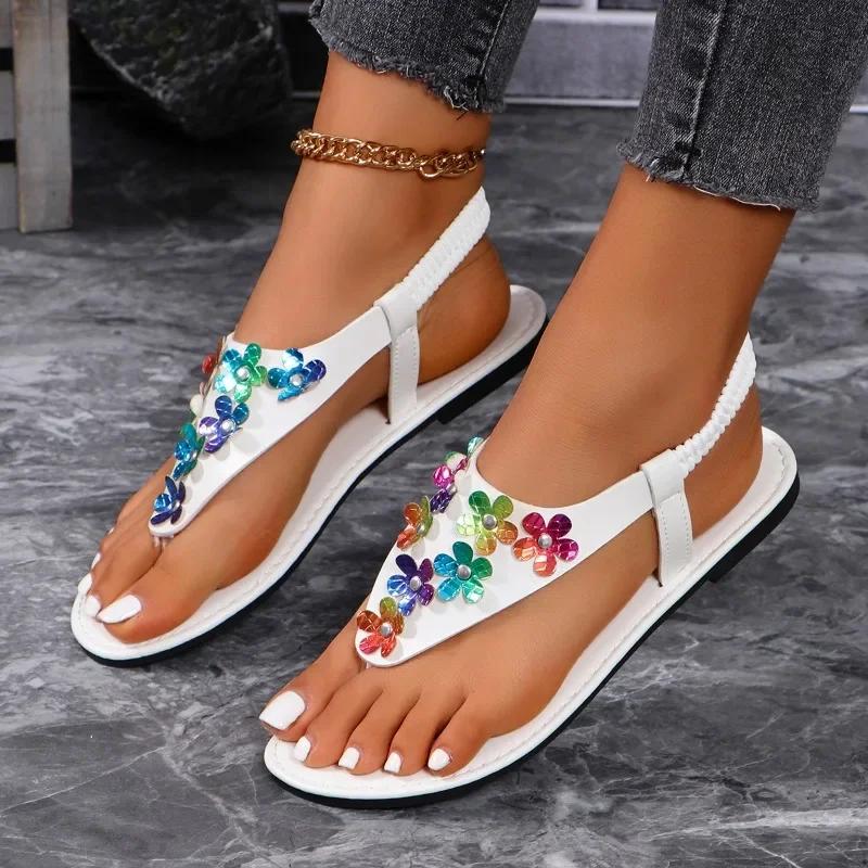 2024 Летняя высококачественная женская обувь Модные женские сандалии с блестками и цветочным декором Цветные блоки Большие размеры женской обуви