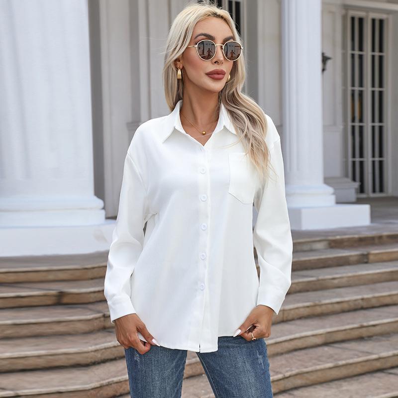 Women's Autumn Top Solid Long Sleeve Loose Casual Shirt Ladies Lapel Pocket Office Shirts