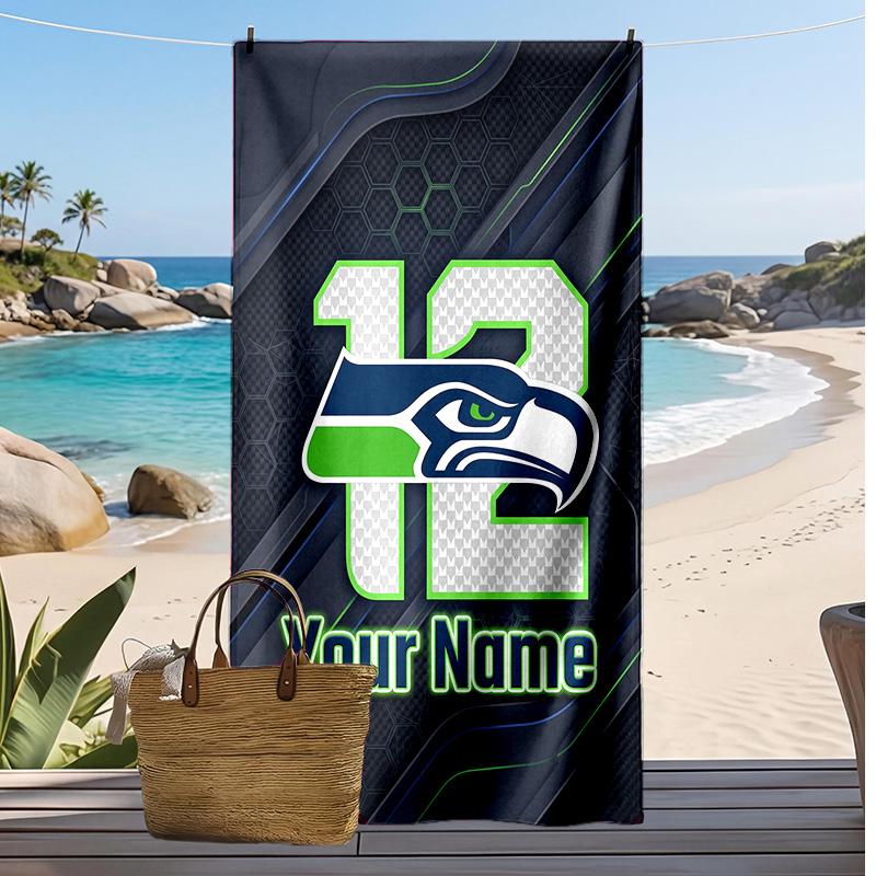 Seattle Seahawks Custom Beach Towel, Print Your Name Text Lightweight Absorbent Towel for Swimming Travel