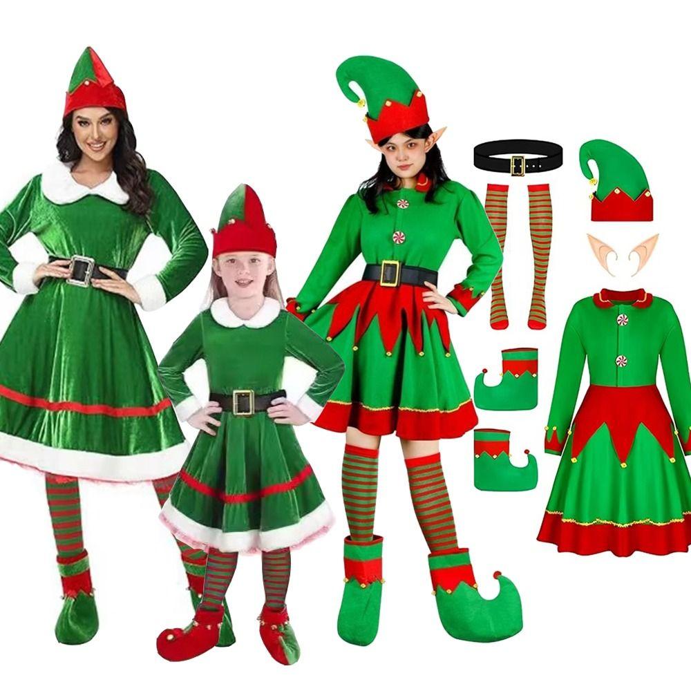 Green Elf Dress Christmas Elf Costume Velvet Xmas Suit New Cosplay Clothing Adult Kids