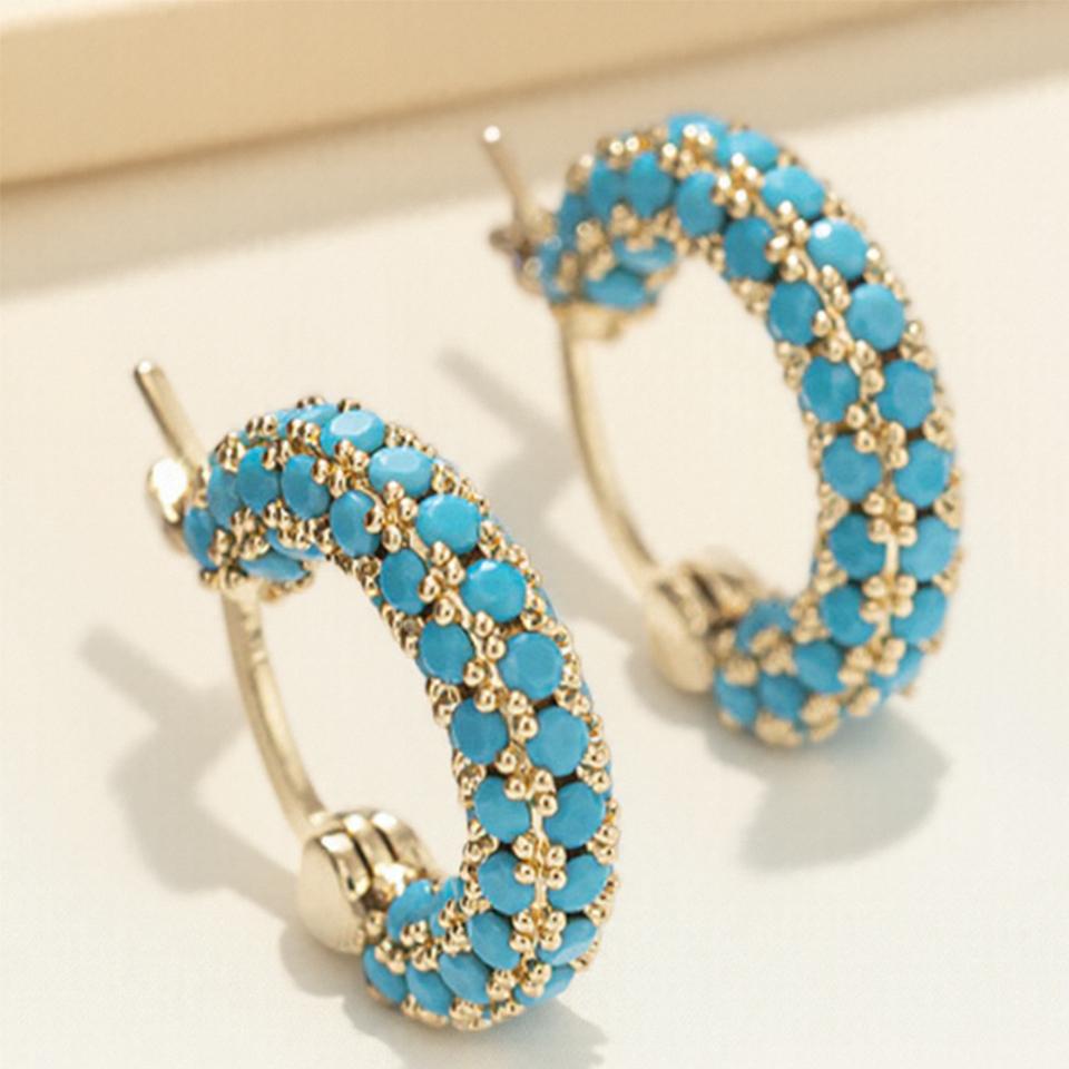 ZAKOL Gold Color-plated Turquoise Hoop Earrings for Women Girls Fashion Round Blue Beads Circle Earrings Huggies Zircon