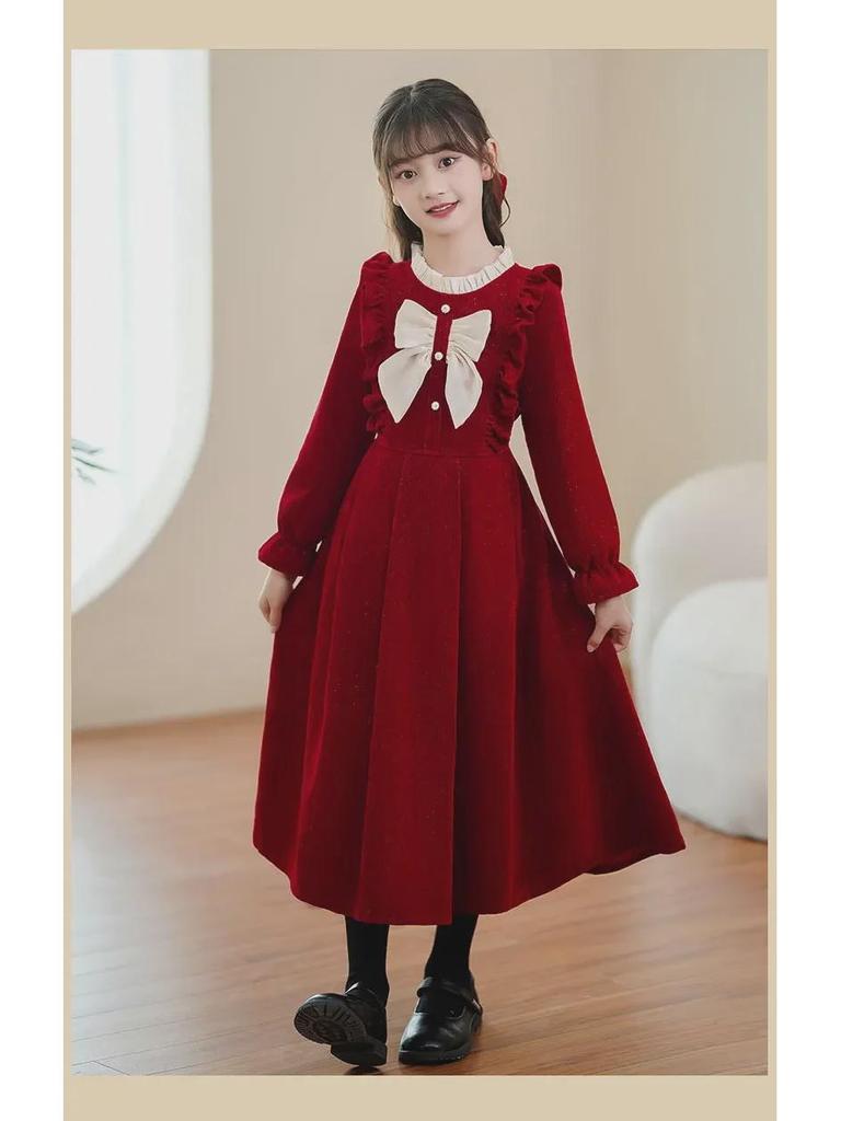 Стильное длинное платье принцессы красного цвета для маленьких девочек - коллекция зима и осень
