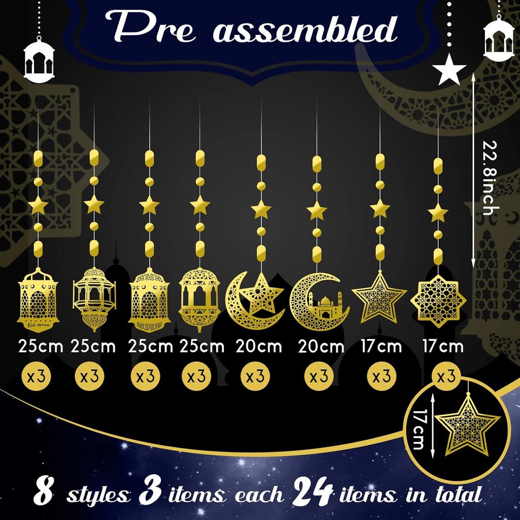Zonon 24 Pcs Islamic Star Moon Lantern Ramadan Garland Eid Decoration Streamer Ramadan Mubarak Party Banner Backdrop Shining Hanging Wall Decorations