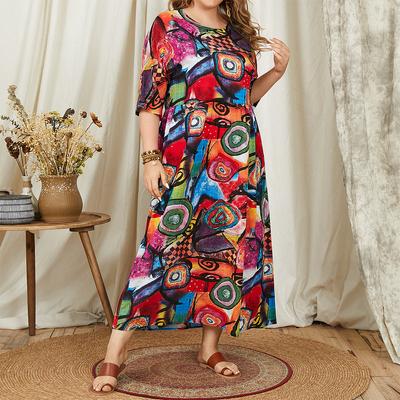 Винтажное платье женское свободное длинное платье с круглым вырезом и рукавом 3/4 с принтом граффити плюс размер FZH