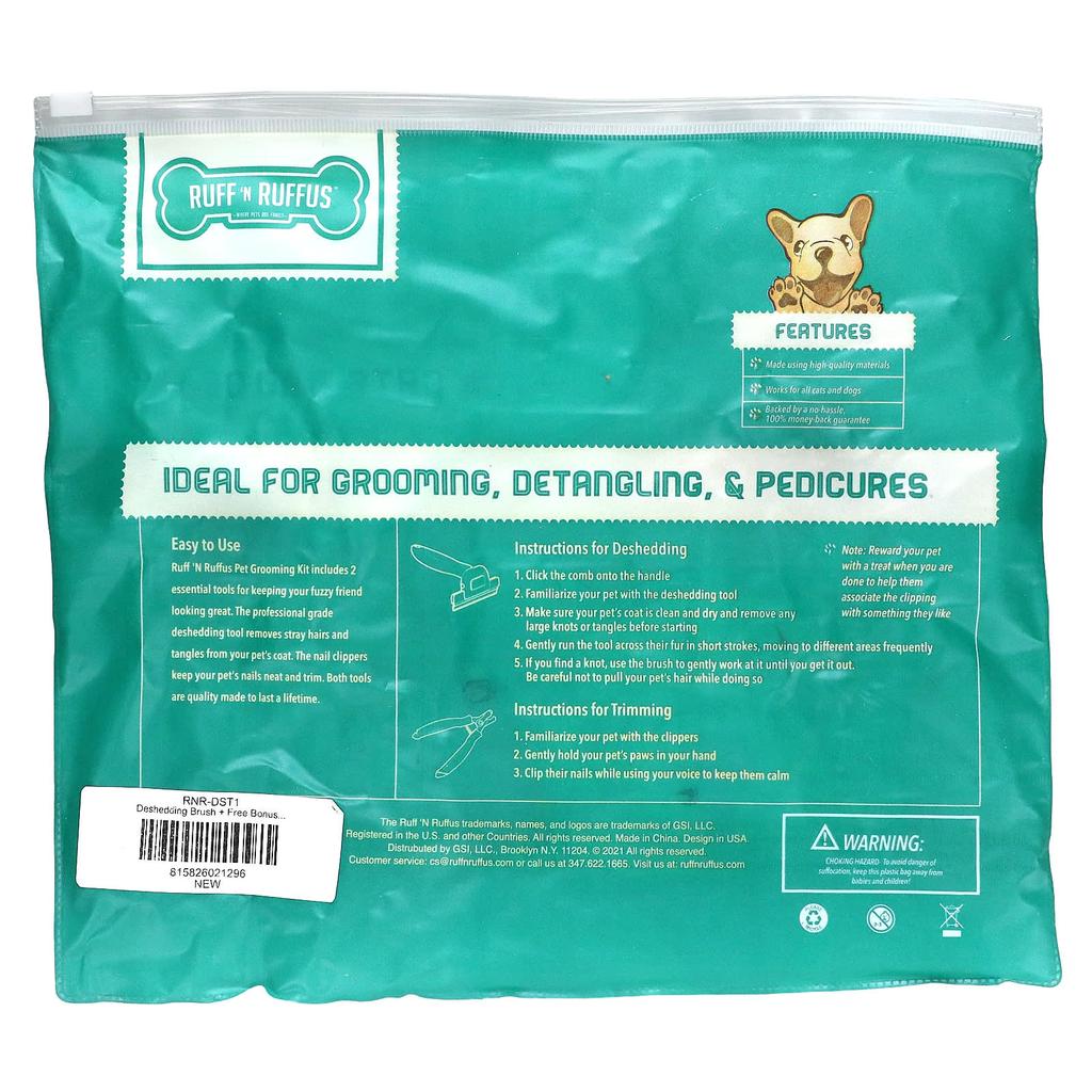 Ruff 'N Ruffus Набор для груминга кошек и собак, щетка для вычесывания подшерстка и когтерез, аква, 1 щетка для вычесывания подшерстка, 1 когтерез