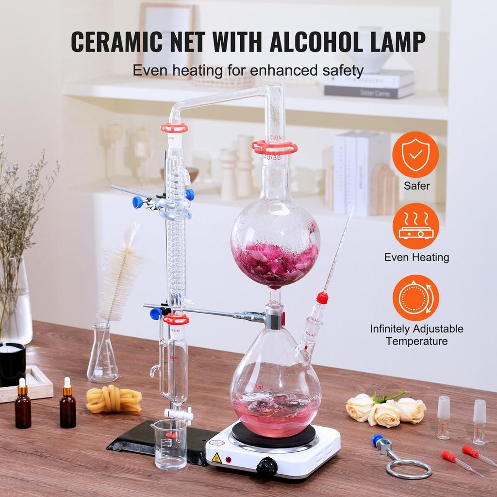 Essential Oil Distillation Kit, 2000ml Distillation Apparatus, 3.3 Boro Lab Glassware Distillation Kit with 1000W Heating Plate and 24, 40 Joint, 28