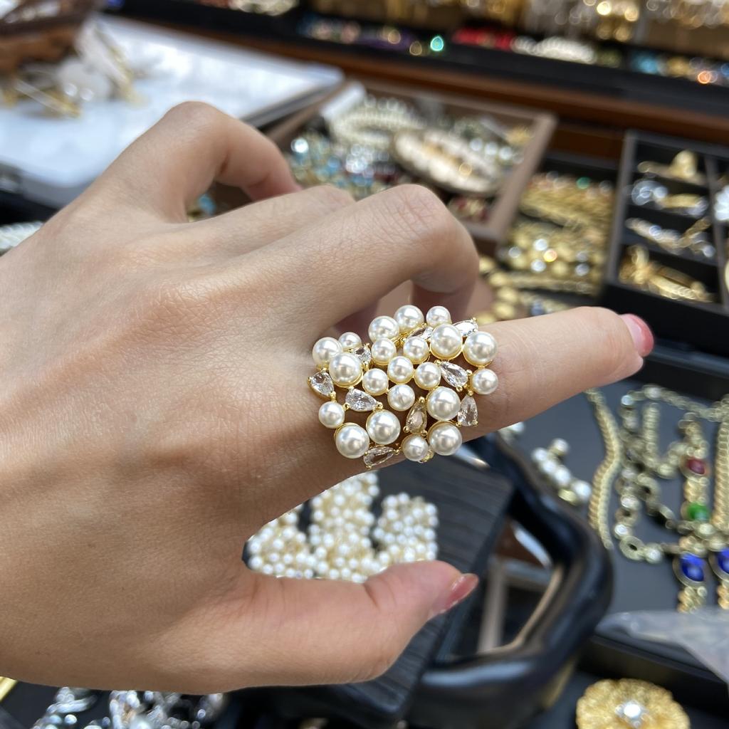 Темперамент элегантный легкий роскошный геометрический широкобокий стразы открытое кольцо плотный ряд инкрустированный циркон жемчуг кольцо кольцо