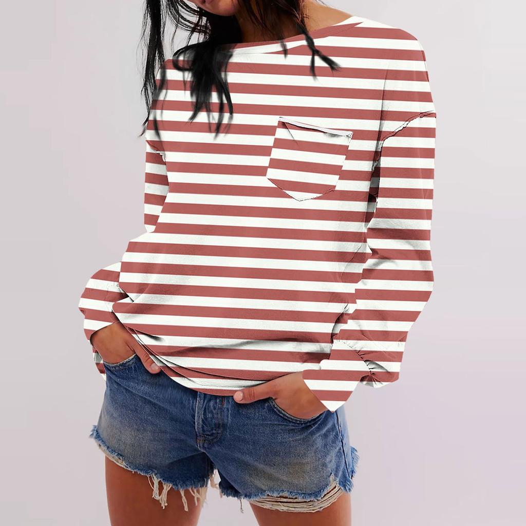 Женская мода с длинным рукавом, осенний полосатый принт, свободный топ с круглым вырезом и длинными рукавами
