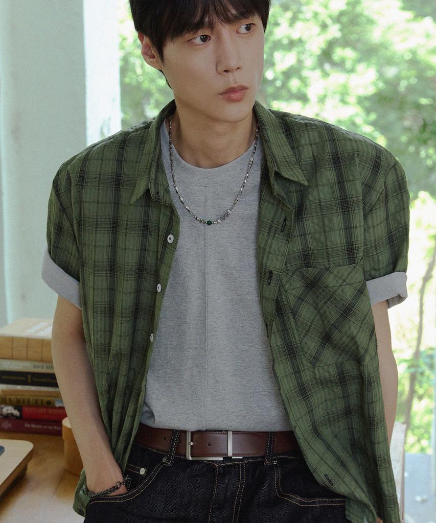 NODU Seersucker Check Crop Half Shirt [Green]