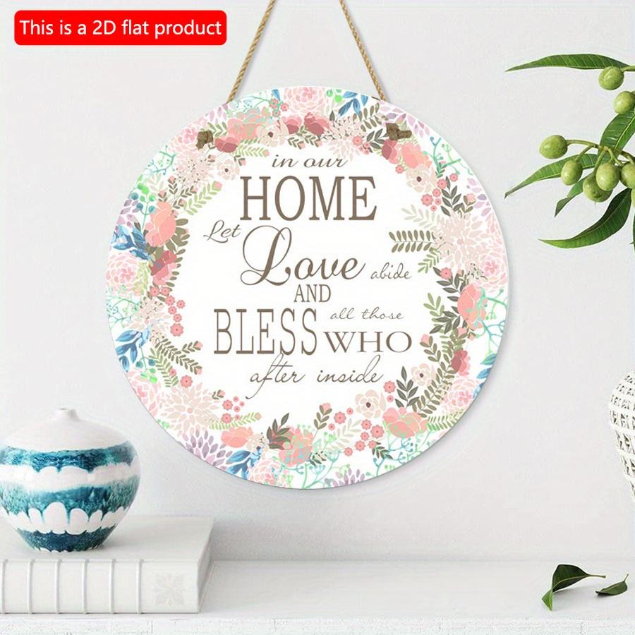 2D Flat 20*20cm1pc Home Love and Bless Simple Artistic Style Pink Garland Round Hanging Wooden Home Decoration, Light Pink Beatiful Flowers Print Wood