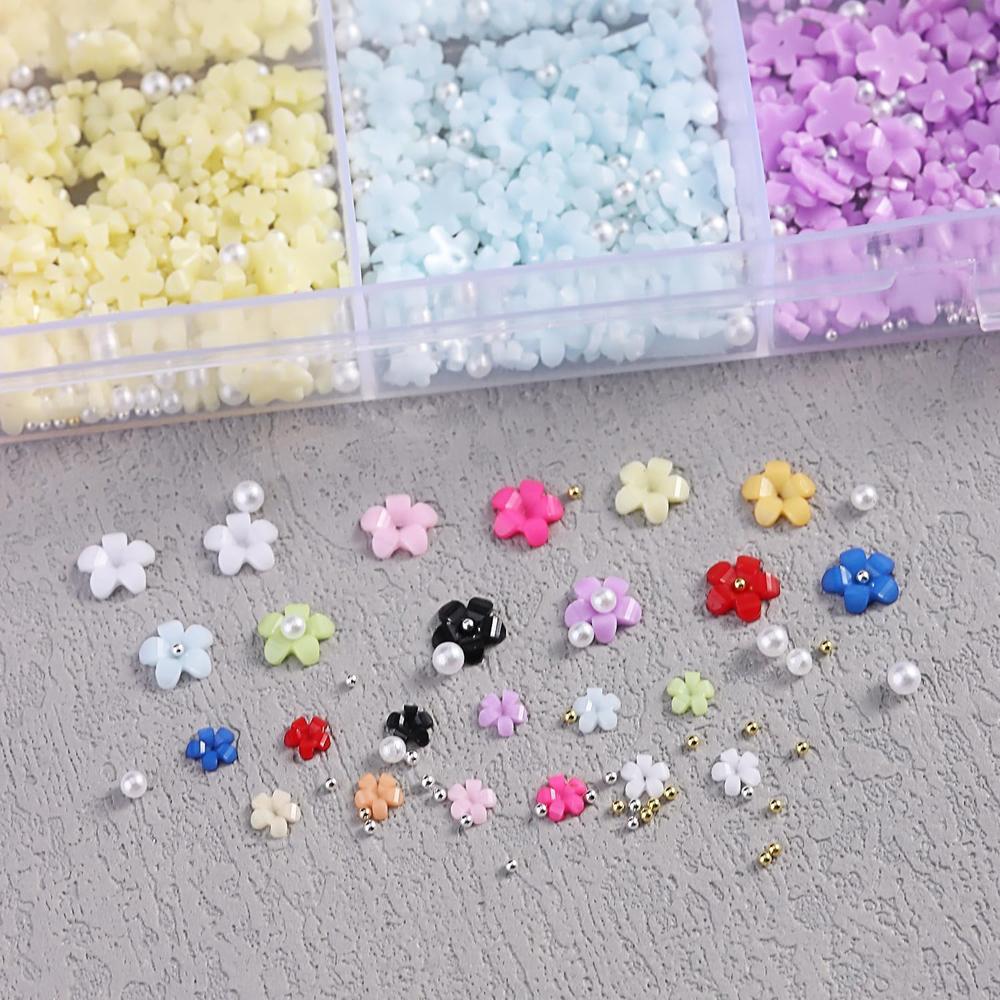 Big box 3D Cute Colorful Acrylic Floral Nail Charms Mix Caviar Beads & Pearls 3/6mm Five-Petal Nail Rhinestones Resin Flower Bl