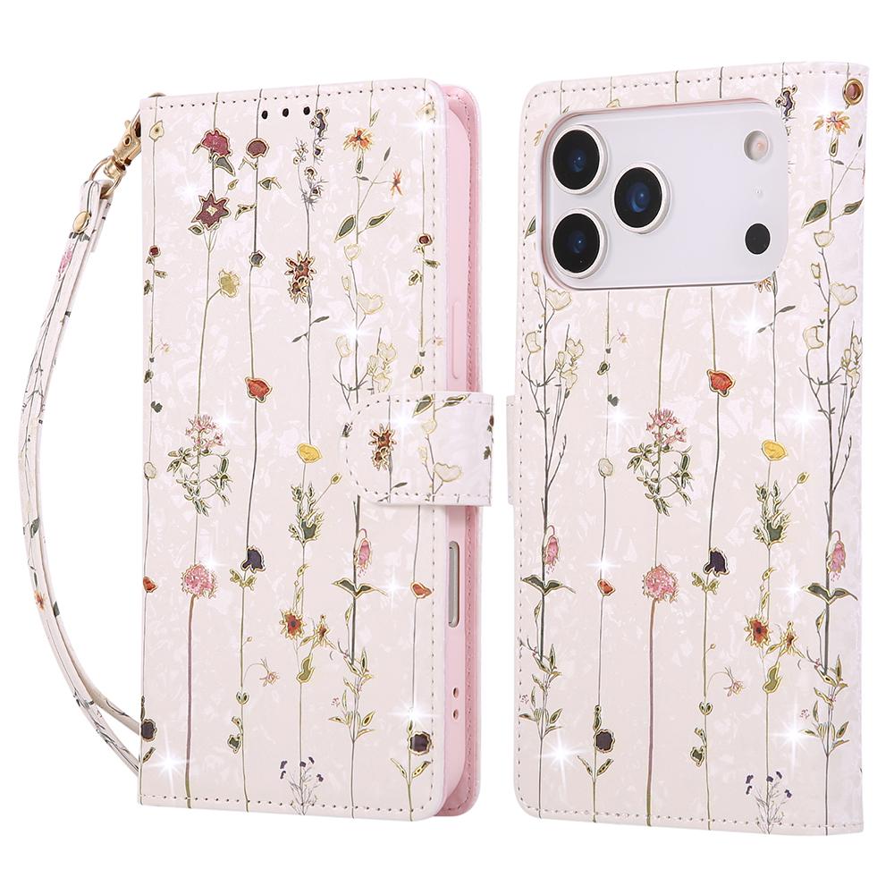 For iPhone 17 Pro Max Case RFID Blocking Flower Leather Phone Cover with Wrist Strap