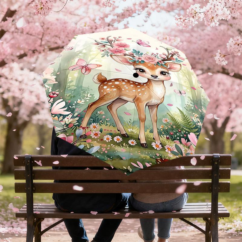 1PC Deer Flowers Umbrella-8-Rib Reinforced, Automatic Open, Lightweight & Durable, Fashion Accessory for Outdoor, H0355
