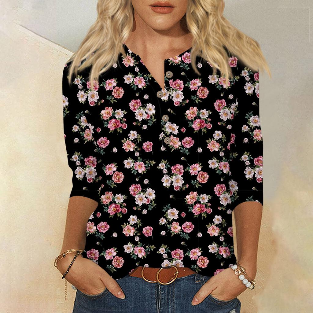 3/4 Sleeve Shirts For Women Cute Flowers Print Graphic Tees Blouses Casual Plus Size Basic Tops Pullover