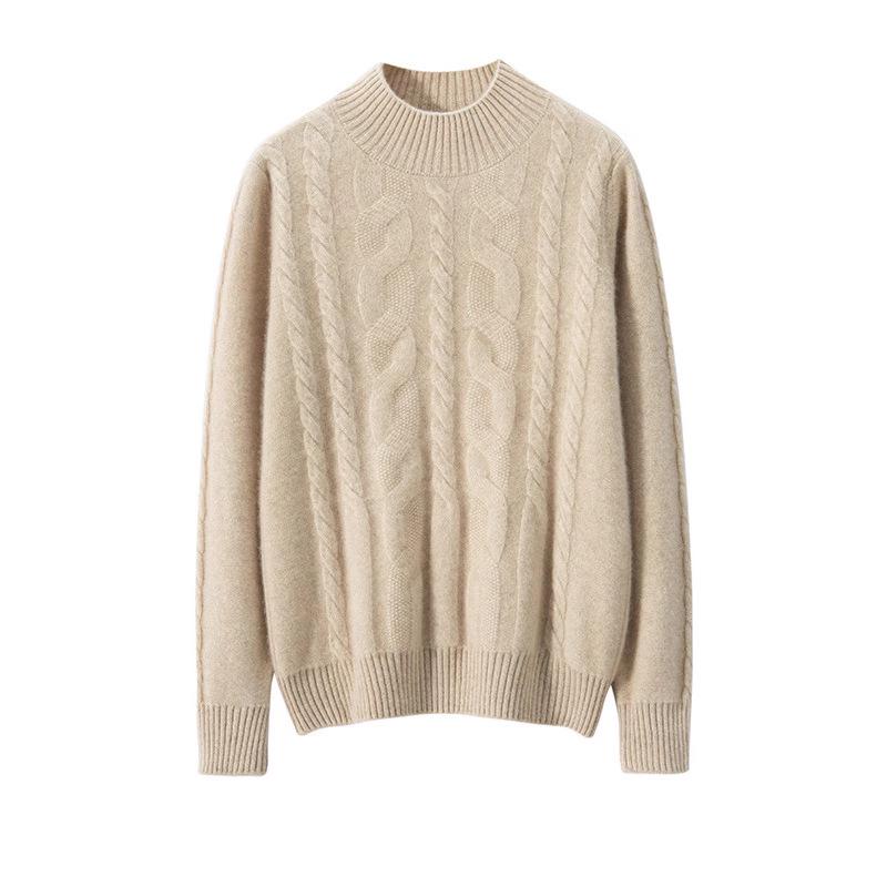 Женский кашемировый пуловер кабельной вязки - Полувысокий воротник, Длинный рукав, Однотонный, Теплый и повседневный базовый слой