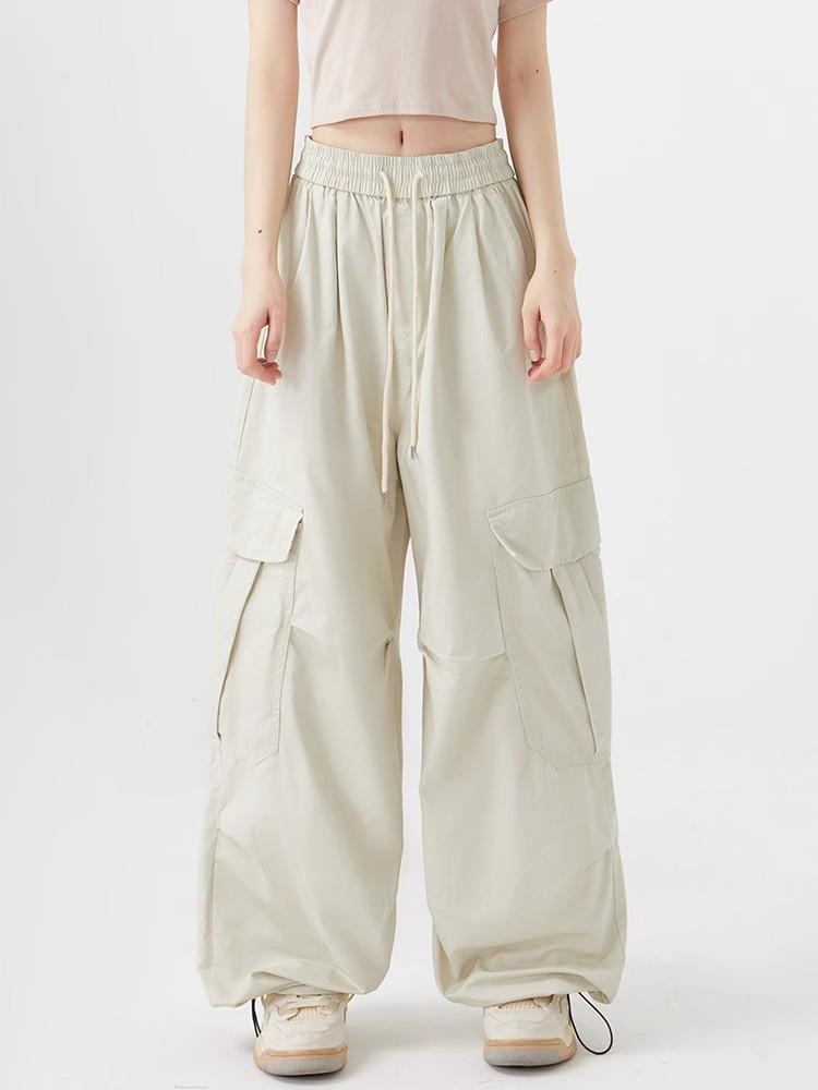 Women Big Pockets Cargo Pants Y2k High Elastic Waist Drawstring Baggy Trousers Vintage Casual Loose Wide Leg Straight Pants