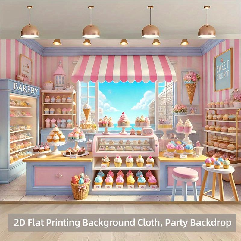 2D plane 1 piece. In the dreamy dessert shop there are many delicious polyester background banners.