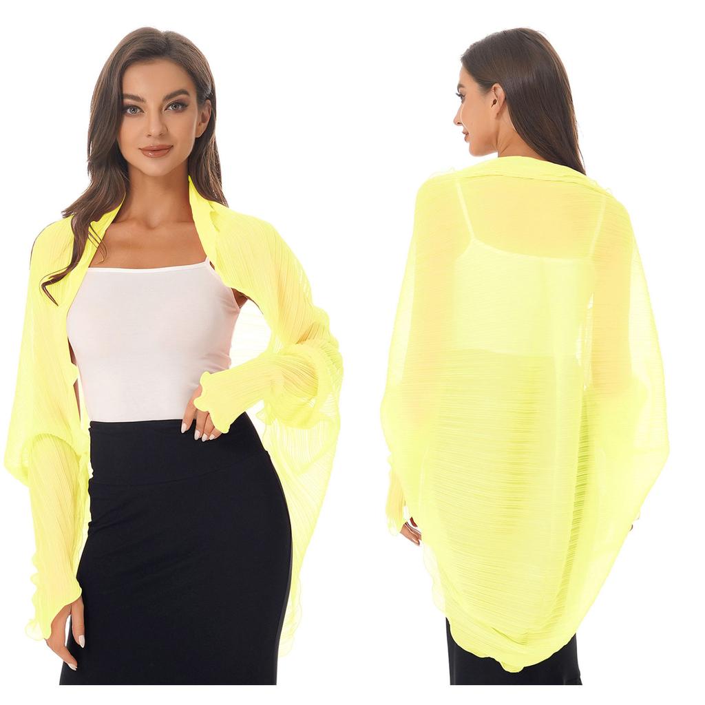 Womens Casual Long Sleeve Sun Protection Tops Open Front Chiffon Wraps Pleated Shawl Cover Ups Beachwear