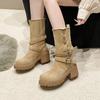 Fashion 2024 New Autumn Women's Casual Fashion Solid Color Double Buckle Decorative High-heeled Mid-calf Boots
