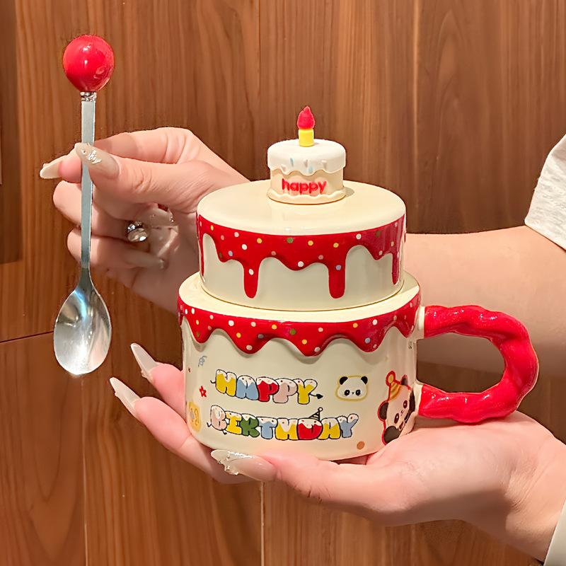 Cream Birthday Cake Ceramic Cup Souvenir Cute Mug with Lid Spoon Girls and Children Gift Box
