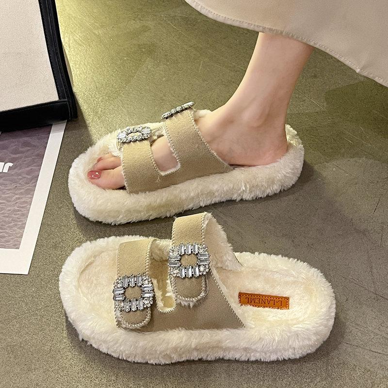 Модные пушистые тапочки для женщин, роскошные плюшевые шлепанцы с ромбовидным дизайном, женские модные домашние пушистые тапочки с открытым носком, сохраняющие тепло хлопковые туфли