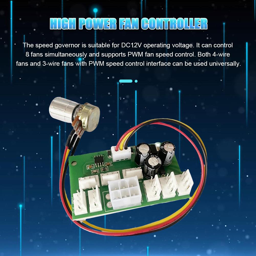 DC12V Fan Speed Controller 3/4-Wire PWM Fan Controller Board 8-Way High Power Standby 0.015A 25khz for Computer Case Fan