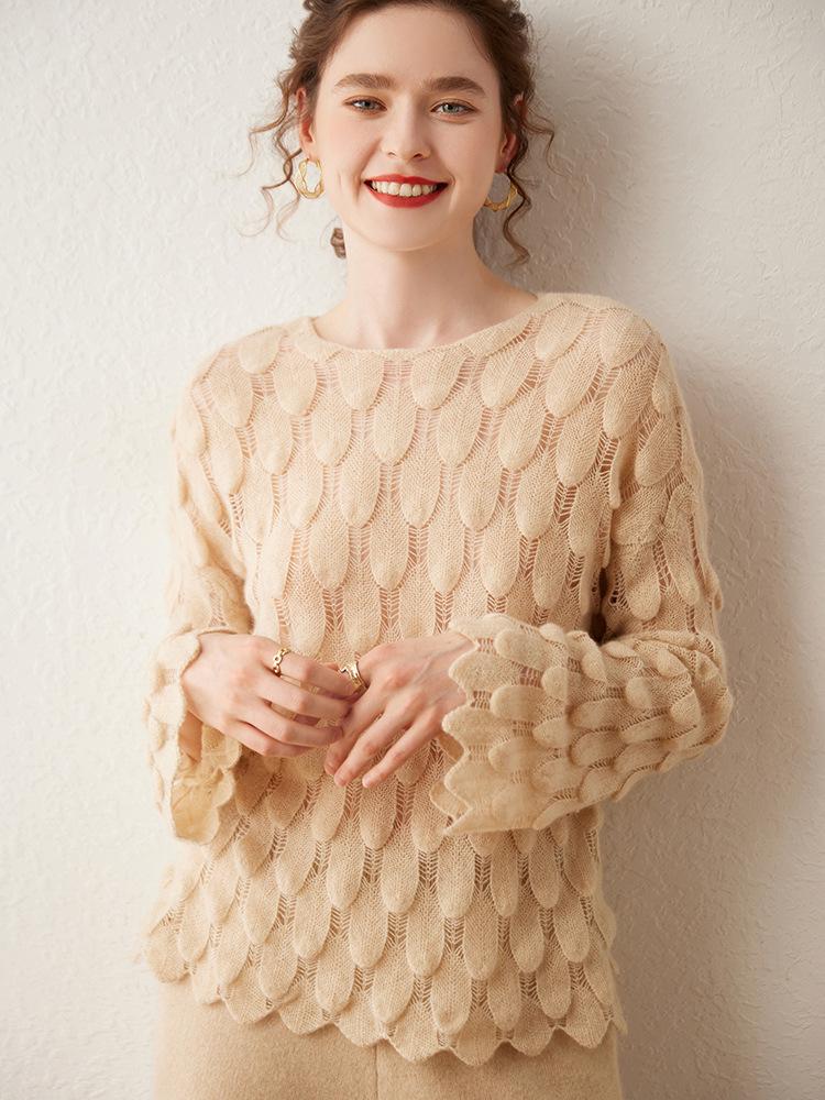 2026 Autumn/Winter Women's French Fashion Feather Patch Cashmere Sweater - Round Neck, Bell Sleeves, Hollowed Out Knit Design