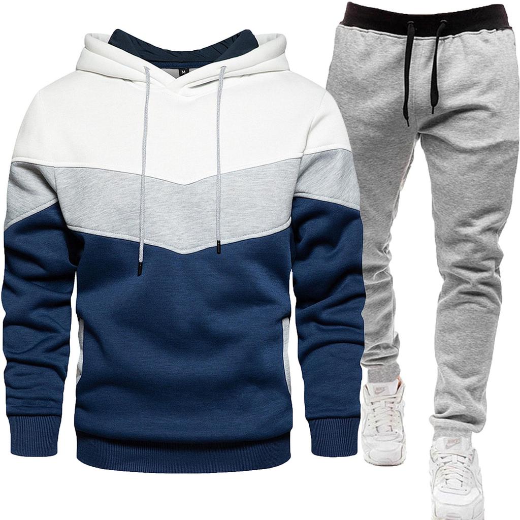 2024 Men's Fashion Spliced Hooded Sweatshirt & Long Pants Two-Piece Sports Suit for Autumn/Spring