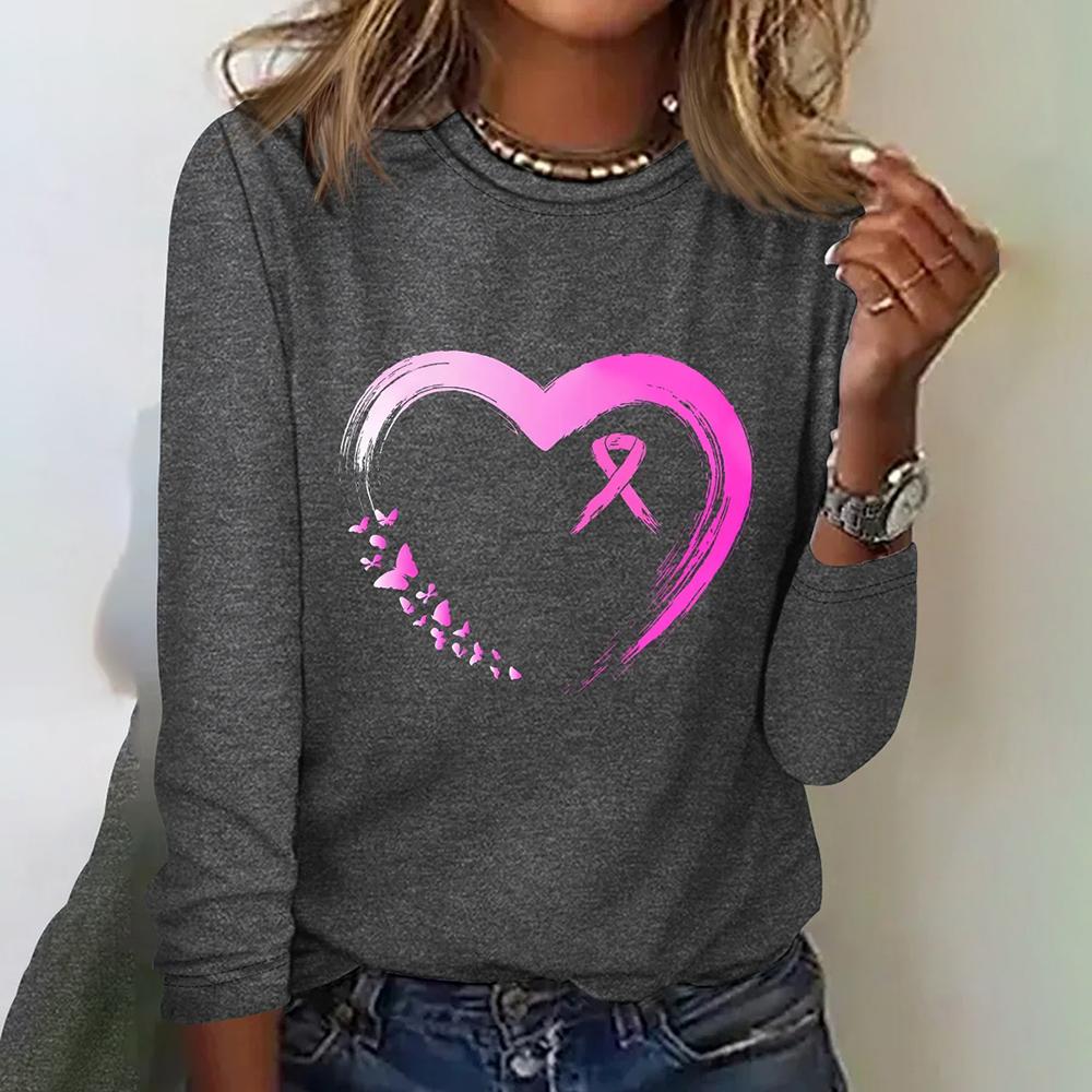 3d Print Versatile Pink Ribbon Print Long Sleeve T-shirt Women's Designer Heart Print Casual Loose T-shirt Fashion Trend T-shirt