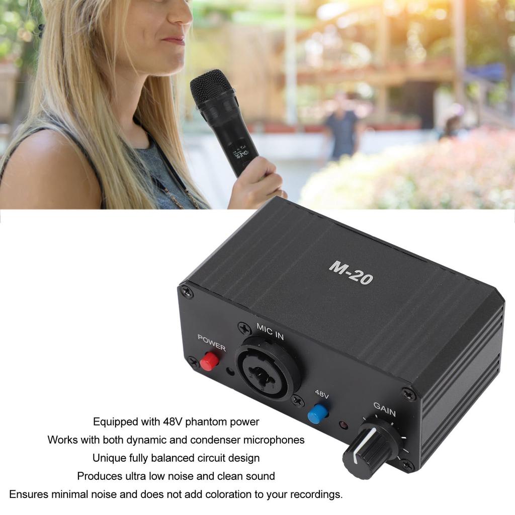 Microphone Microphone Gain Booster for Dynamic Condenser Microphones with 48V Phantom Power and XLR for Live and Recording Preamp, Output, Podcasting,