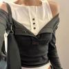 Autumn Fake Two Pieces Slim Fit Streetwear Tops Grunge Patchwork Contrast Color Tshirts All Match Y2k Aesthetic Women T-shirt