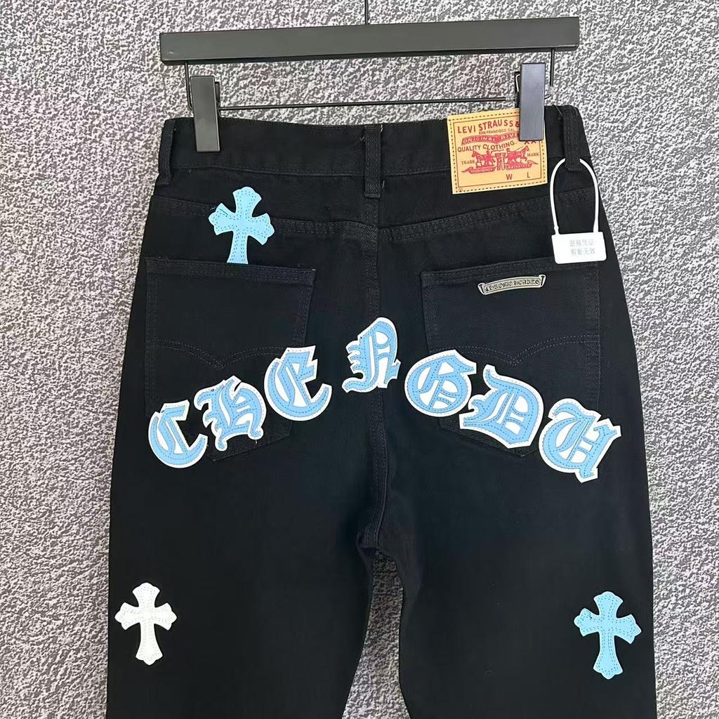 9904 CHROME HEARTS Men's and Women's American Style Trendy Jeans with Fabric Patches, Casual and Fashionable High Street Pants