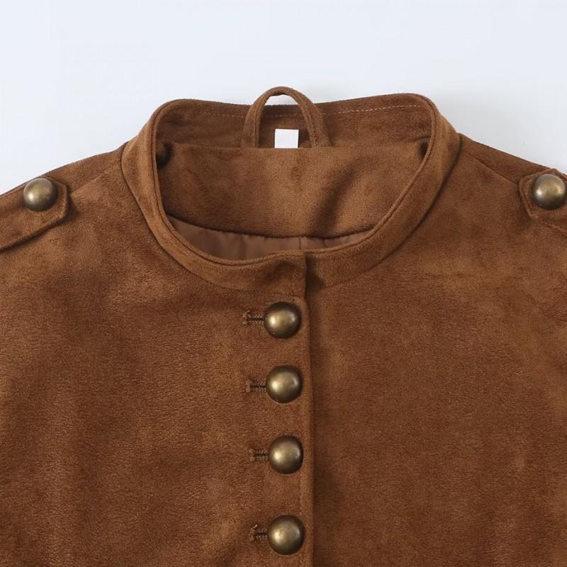 Womens Street Fashion Stand Collar Single Breasted Jacket Coat Fake Pocket Detail Slim Fit Outerwear