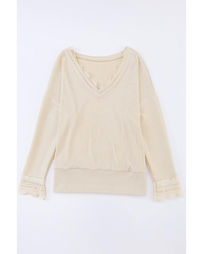 Azura Exchange Lace Trim V Neck Long Sleeve Top