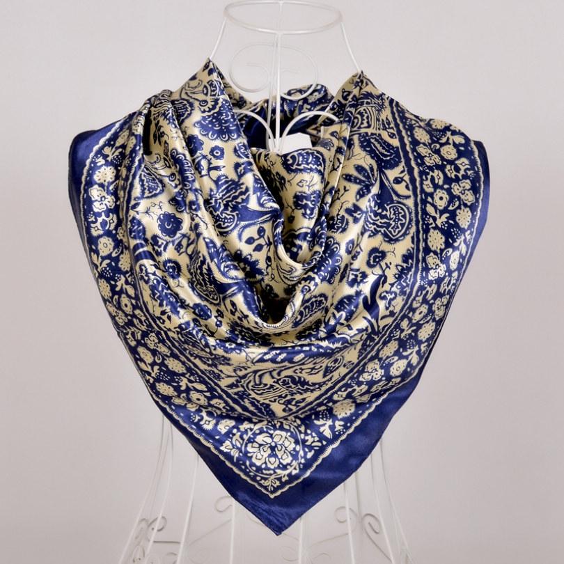 [BYSIFA] Navy Blue Chinese Roses Large Square Scarves New Female Elegant Large Silk Scarf Fashion Ladies Accessories 90*90cm