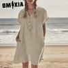 Платье-рубашка из хлопка и льна, платье с карманами, пляжное платье, повседневные платья