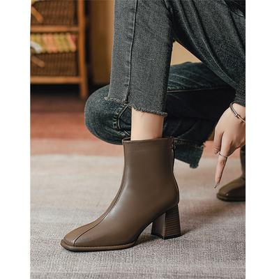 Ботильоны на толстом каблуке с квадратным носком женские одинарные ботинки новые ботинки средней высоты темпераментные кожаные ботинки на высоком каблуке тонкие ботинки