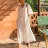 White Lace Hollow-Out Tie-Neck Dress with Puff Sleeves, Boho Chic Summer Dress for Women