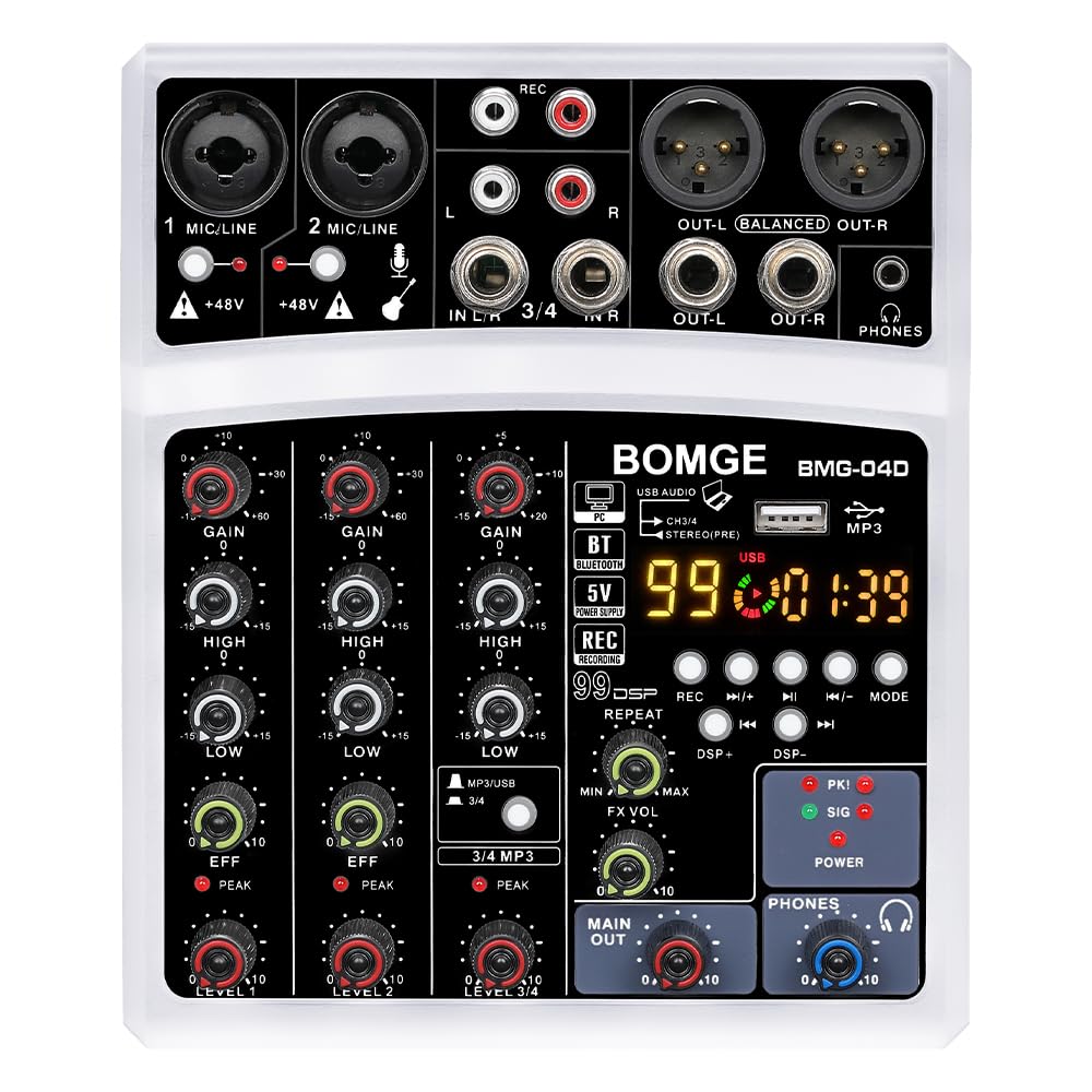 BOMGE 4-канальный аудиомикшер DJ с 99 DSP, микшерная консоль для караоке, MP3, USB, Bluetooth, стереорекордер, фантомное питание 48 В, питание 5 В (белый)