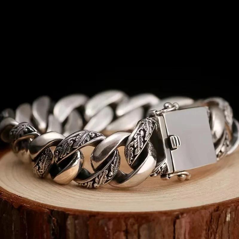 100% S925 Sterling Silver Trend Retro Fashion Cuban Charm Solid Bracelet Men's Cuff Trend Powerful Street Fashion Jewelry Gift