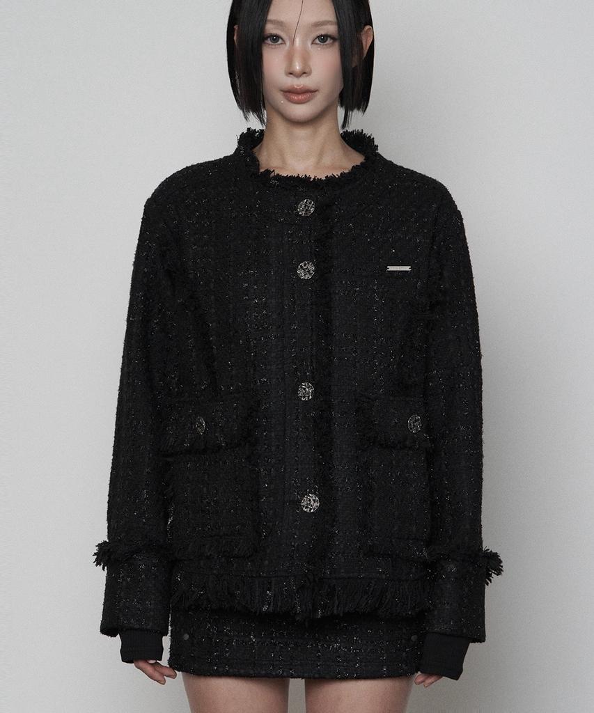 ETRE AU SOMMET Back-Belt Pocket Overfit Tweed Jacket ( Black )