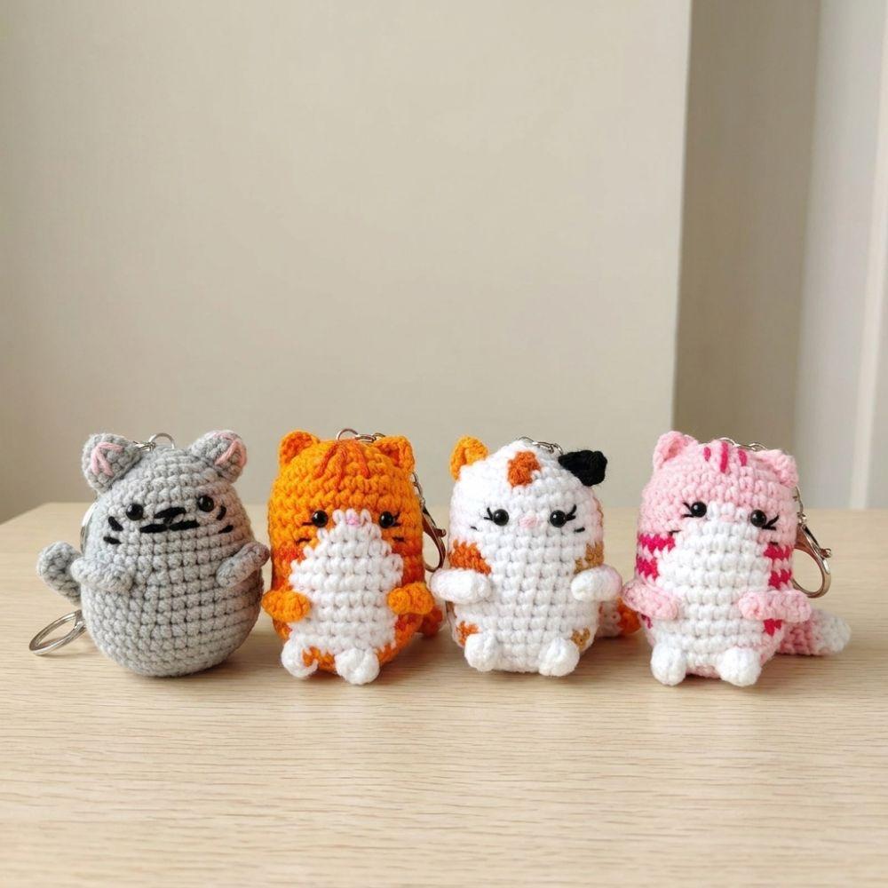 Handmade Hand Cat Keychain Handwoven Yarn Kitty Bag Charm Crochet Kitten Keyring  Backpack Decor