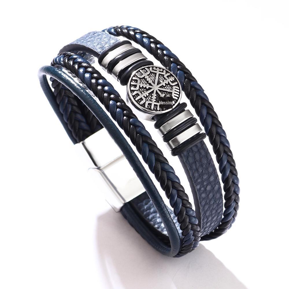 Multi-layer Punk Style Braided Leather Bracelet with Compass