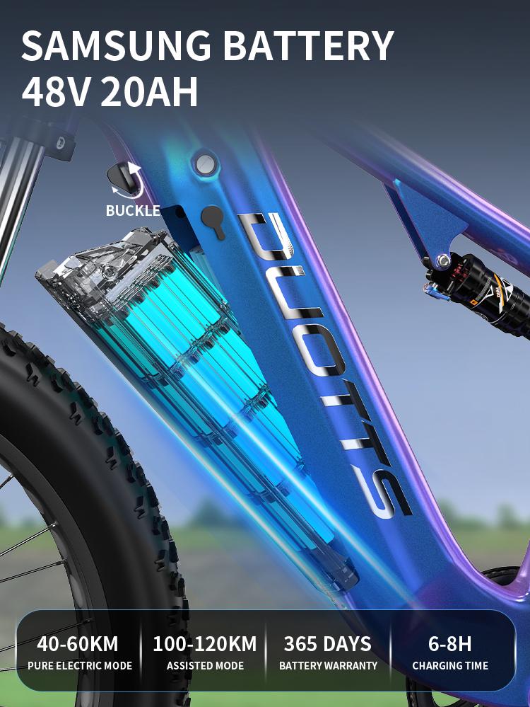 DUOTTS E26 electric bicycle, Samsung 48V 20Ah battery, full suspension system, 26-inch tires, maximum range 60-120 km.