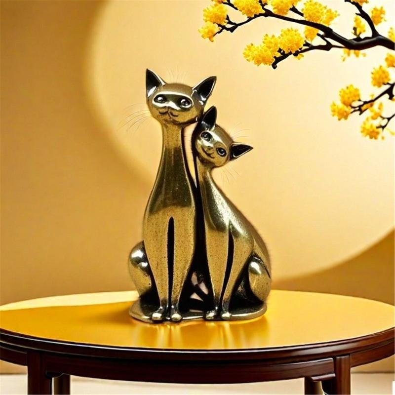 Согревающие Сердца Пара Влюбленных Котов Латунная Скульптура Сплавы Миниатюрное Украшение Домашний Декор Подарок для Пары или Любителя Котов