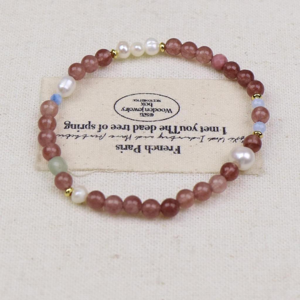 Women's Exquisite Natural Strawberry Quartz, Citrine, Aquamarine & Pearl Bracelet - Luxurious, Unique, and Versatile Design.